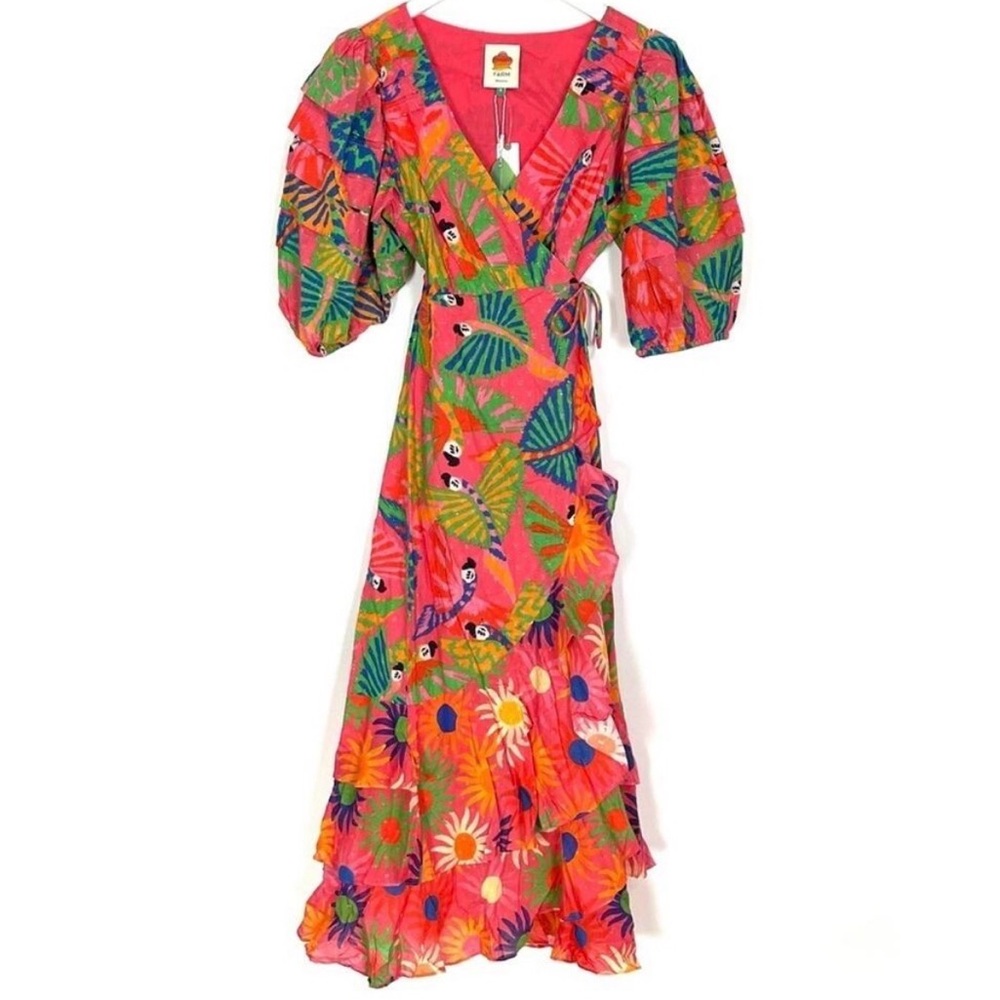 π *HOST PICK!* FARM Rio Macaw Pink Blue Ruffled Wrap Floral Boho Sundress L - Picture 2 of 16